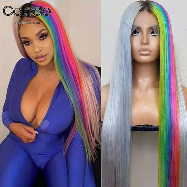 

lace wigs colodo rainbow colored human hair highlight grey 613 blonde front straight transparent, Black;brown