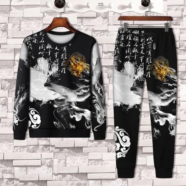 

men's tracksuits spring and autumn molong long sleeve sweater + dragon pants 2-piece fashion sports 3d printing suit clothes, Gray