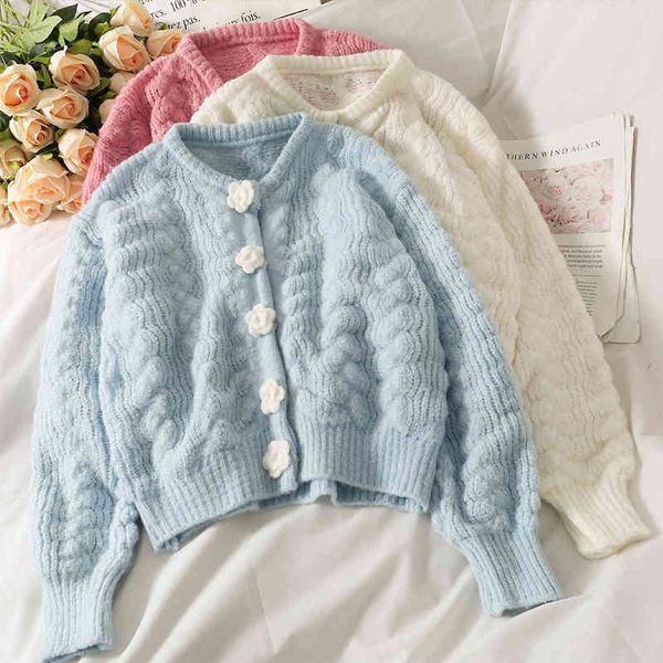 

women's sweaters sweet cute autumn 3d flowers sweater women blue puff long sleeve cardigan knit coat sueters de mujer outwear korean ch, White;black