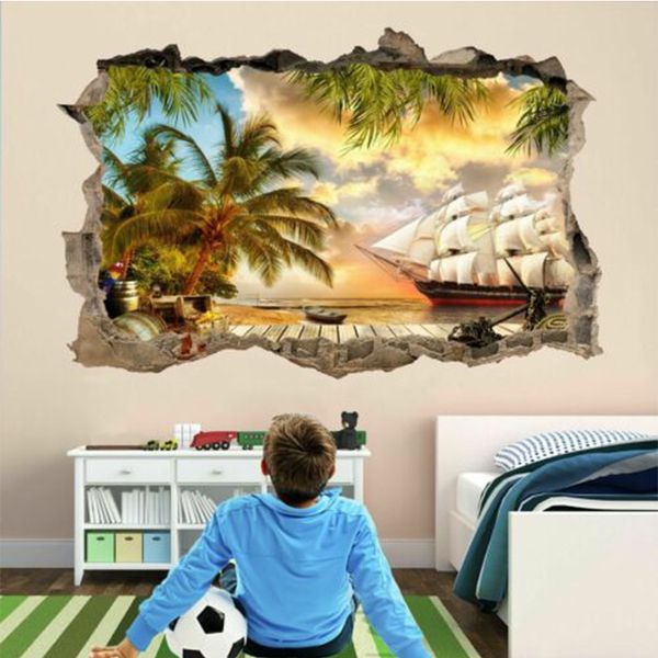 

new pvc pirate ship treasure island wall art sticker mural decal kids bedroom decor 3d broken walls background