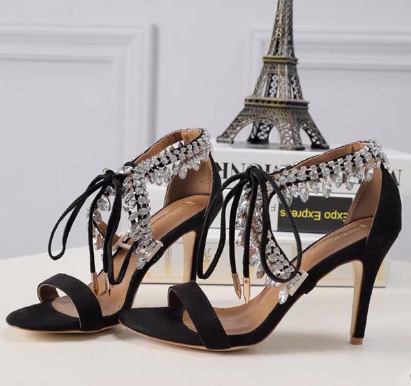 

's classic high-sandals nude leather pointed toes pumps bottoms dress wedding diamonds, sandals, high heels, straps, shoelaces european, Black