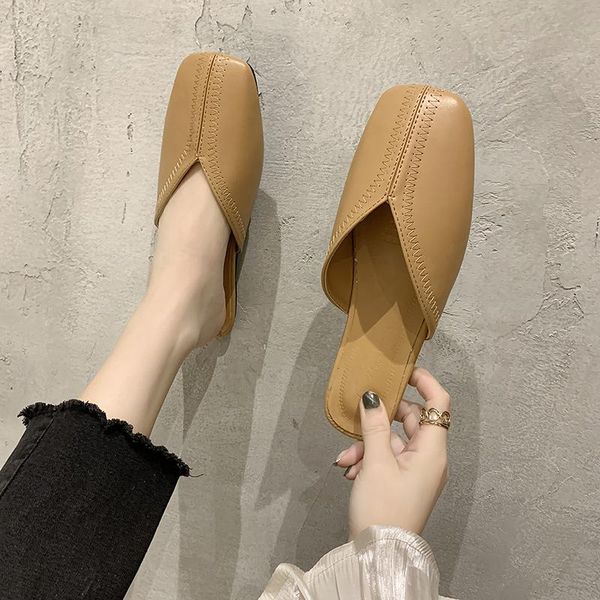 

women mules shoes 2021 spring summer ladies closed toe leather slides shoes fashion women low heel slippers flats casual, Black