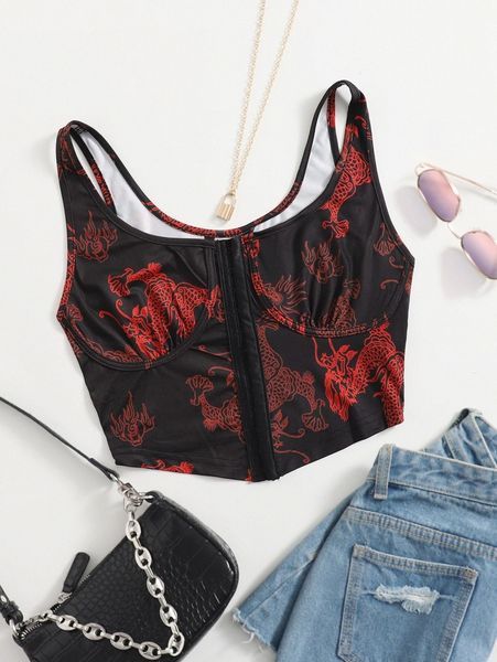 

chinese dragon print ruched bust hook and eye tank z4q4#, White