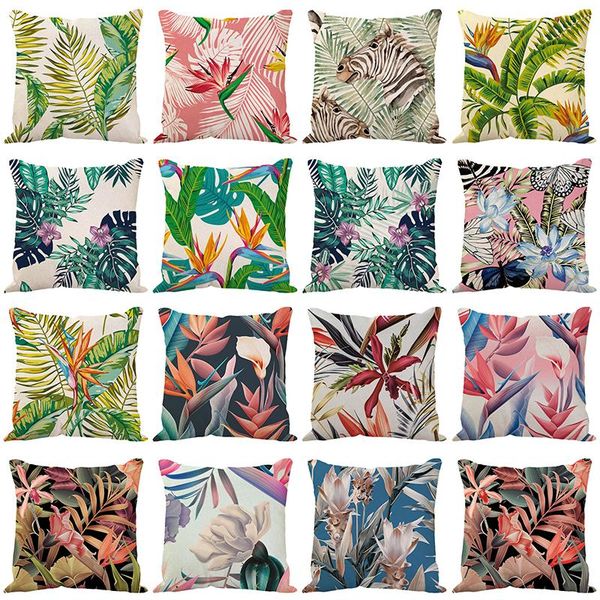 

pillow case tropical plants cotton linen decorative pillowcases green leaves throw kussensloop almohada poszewka