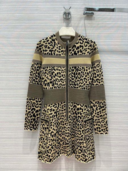 

casual dresses charming leopard dress for women autumn 2021 o-neck long sleeve zipper big pocket high waist a-line, Black;gray