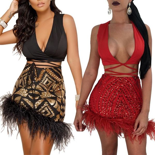 

two piece dress women party sequin sets v-neck sleeveless bandage hollow crop and feather mini skirts bling outfits, White