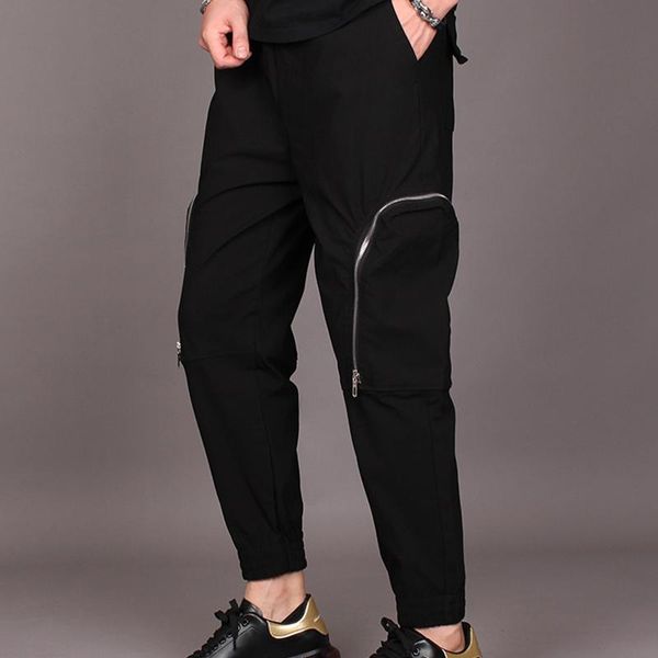 

style pants men's korean style loose-legged harem pants fall stylist zip-up bedazzled overalls, Black