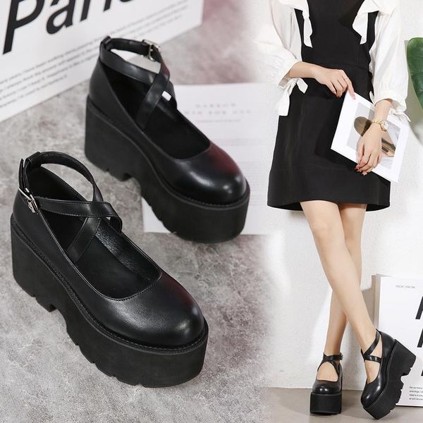 

dress shoes big size mary jane lolita gothic pumps women wedges cross strap buckle, Black