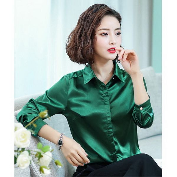 

2021 new fashion blouses spring autumn satin long sleeves shirts elegant turn collar solid office blouse women x9bu, White