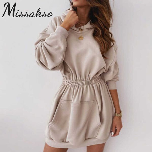 

missakso casual long sleeve pocket hooded dress spring women basic a line elastic waist khaki mini dresses hoodie party 210625, Black;gray