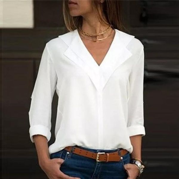 

women's blouses & shirts long sleeve women plus size summer 2021 solid chiffon shirt v-nck office ladies plain roll lady blouse, White
