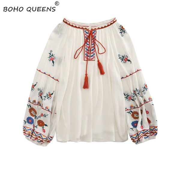 

women's blouses & shirts vintage chic happie women bohemian tassel beach floral embroidery linen cotton blouse flare sleeve loose boho, White
