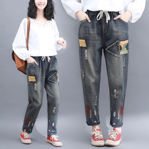 

women's jeans pantalones women embroidered capri pants patchwork, Blue