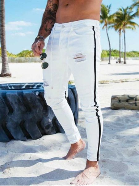 Elegante branco rasgado jeans magros homens retalhos listras laterais cowboy estiramento preto slim fit hip hop mens denim calças x0621