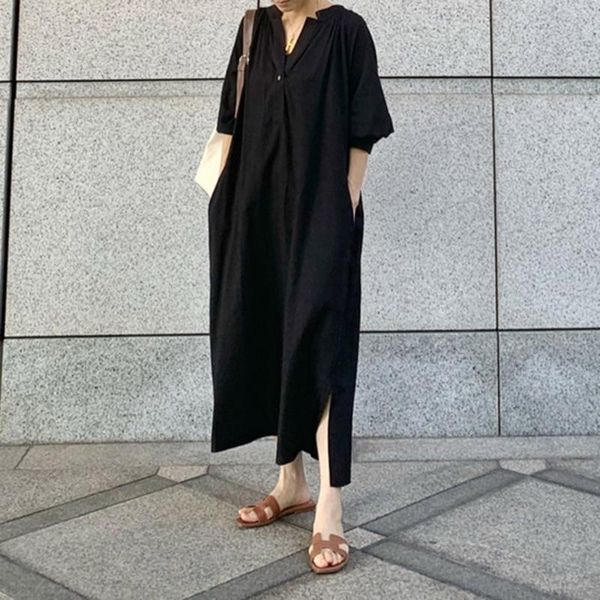 

casual dresses one piece dress korea ladies fashion cute pullover plain midi black v neck shirt women's summer long, Black;gray