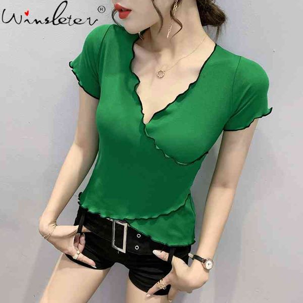 

women's t-shirt summer korean style cotton fashion bordered v-neck ruffles women short sleeve bottoming shirt tees t1522, White