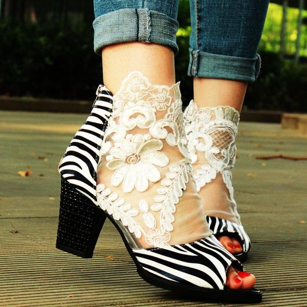 

dress shoes women sandals square high heel summer flower lace hollow peep toe gladiator leopard mujer dancing boots, Black
