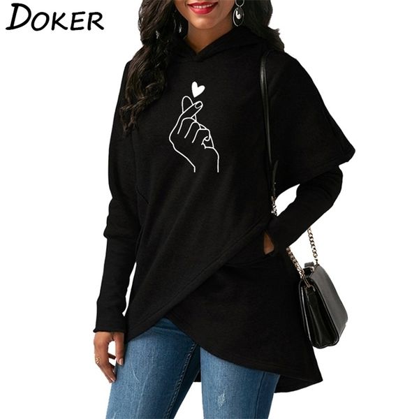 

women hoodies sweatshirts casual love hand print long sleeve pullover hoodie female plus size warm hooded sweatshirt 201102, Black