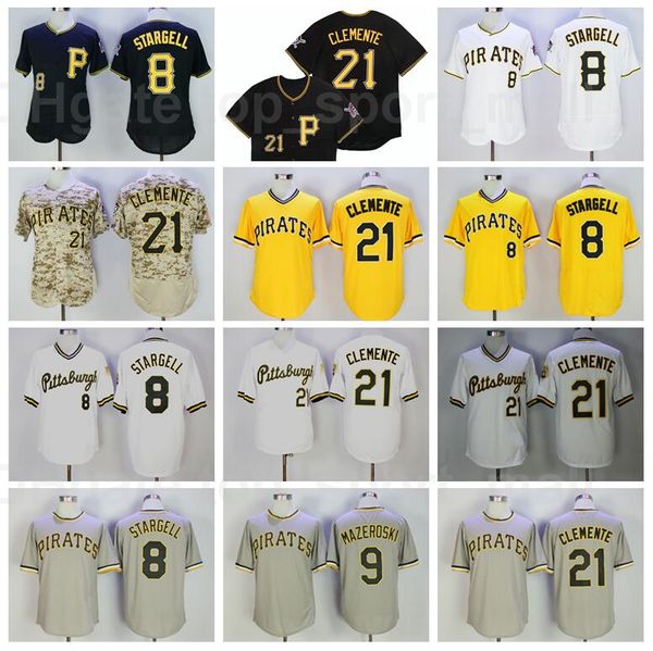 

pullover retror baseball vintage 21 roberto clement jersey 8 willie stargell 9 bill mazeroski retire stitched black white yellow grey team, Blue;black