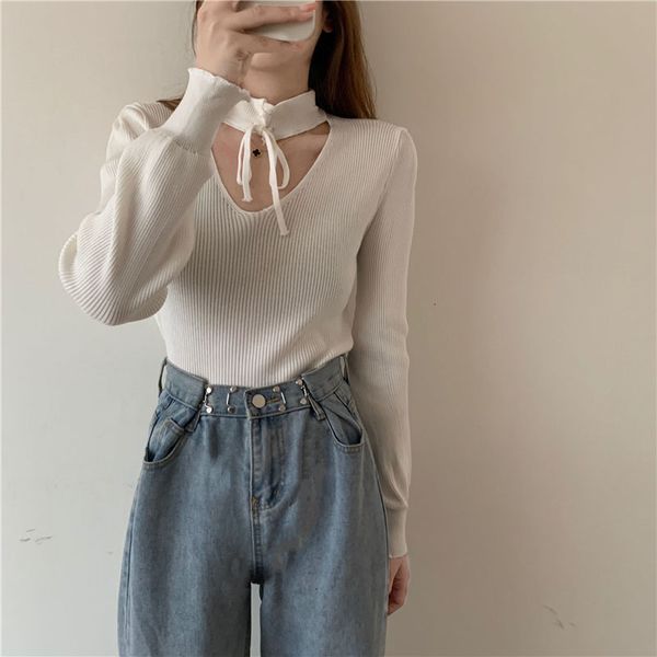 

women's blouses 2021 autumn casual hollow winter out v-neck ladies pullovers solid sweater long sleeve skinny cashmere r8ct, White;black