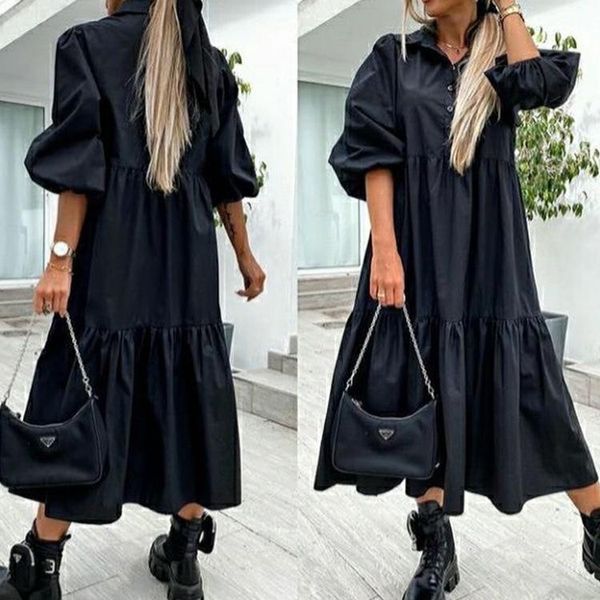 

casual dresses women loose shirts dress vintage puff sleeve commute simple generous doll single-breasted turn-down collar vestidos, Black;gray