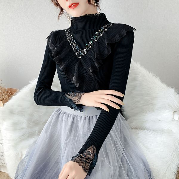 

2021 fall winter korean style sweater women fashion shiny beading patchwork lace ropa mujer turtleneck new t08814l pahx, White;black
