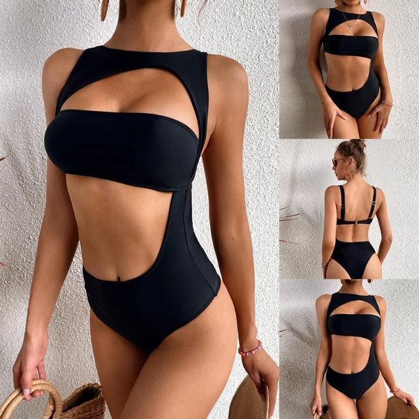 

women's swimwear bikini pure black irregular all-in-one hollow innovative figure set charm swimsuit shows beach v2z1, White;black