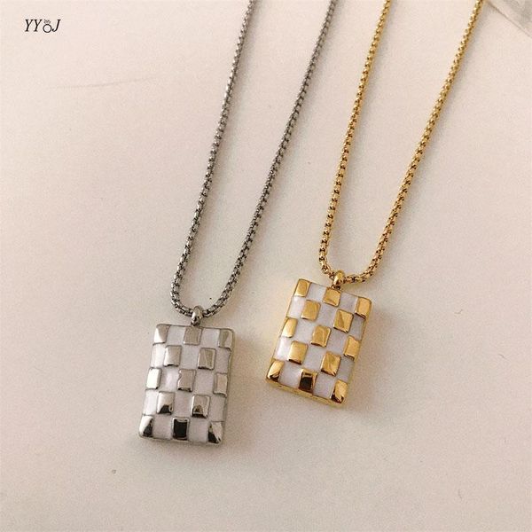 

pendant necklaces white and gold sqaure checkerboard necklace for women stainless steel 2021 plated jewelry high quality, Silver