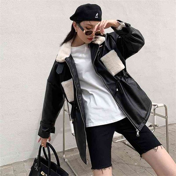 

2021 autumn winter black leather coat women's cotton thickened korean version tide wide pine wool pocket motorcycle suit