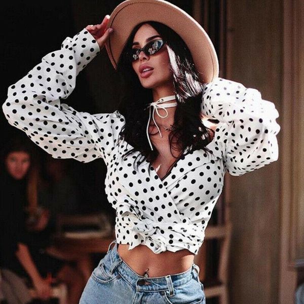 

fashion women blouse bandage v neck long sleeve crop shirt ladies autumn casual polka dot blouses, White