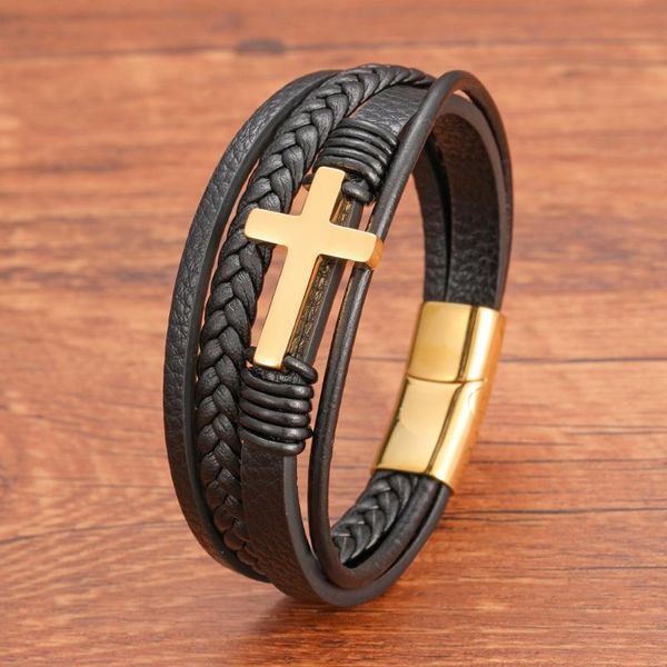 

charm bracelets fashion multi layer stainless steel black cross leather bracelet for men women classic christian prayer christmas gift, Golden;silver