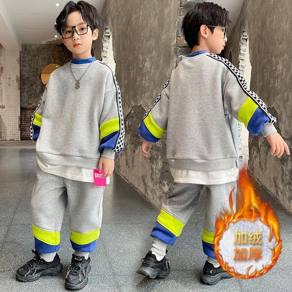 

clothing sets 2021 boys plus velvet sport suit kids casual outfit children fashion thick warm tracksuit teen trend patchwork sportswear, White