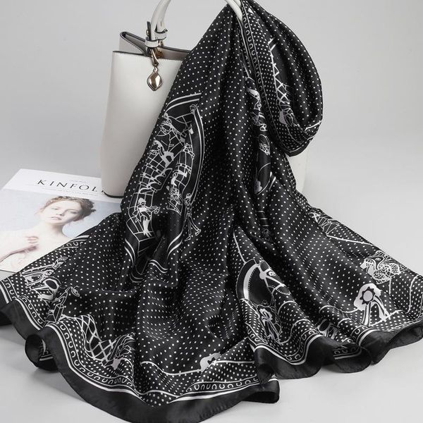 

scarves retro woman imitation silk scarf luxury fashion all-match female shawl silky soft wrap long headscarf sunscreen hijab 180cm*90cm, Blue;gray