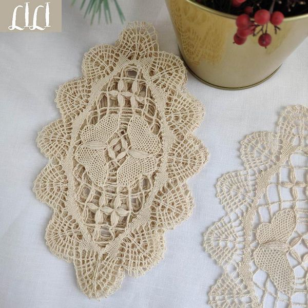 

table napkin butterfly bobbin lace 100% cotton beige handicraft teacup mat 2 pieces