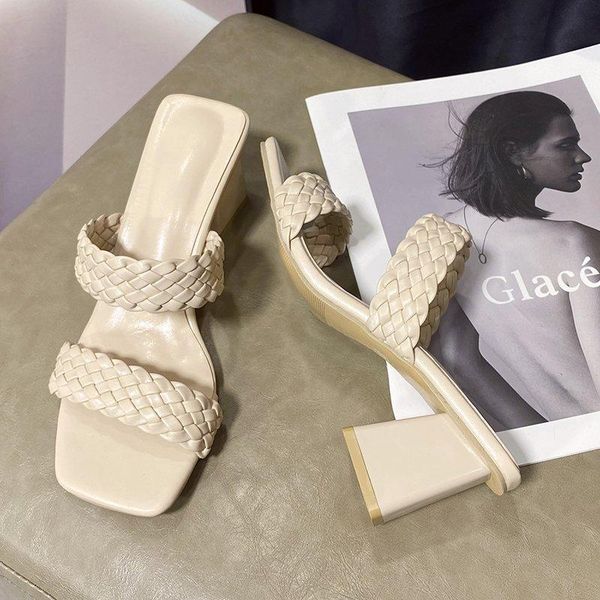 

2021 new square heel slides shoes for women black heel mule summer beach cross-tied slippers bohemian female dress shoes