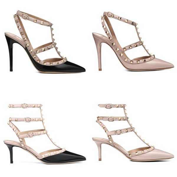 

2021 women rockstud high heels 10cm flat sandals leather strappy rivet 6.5cm stilletto heels studs strap pumps party dress wedding shoes, Black