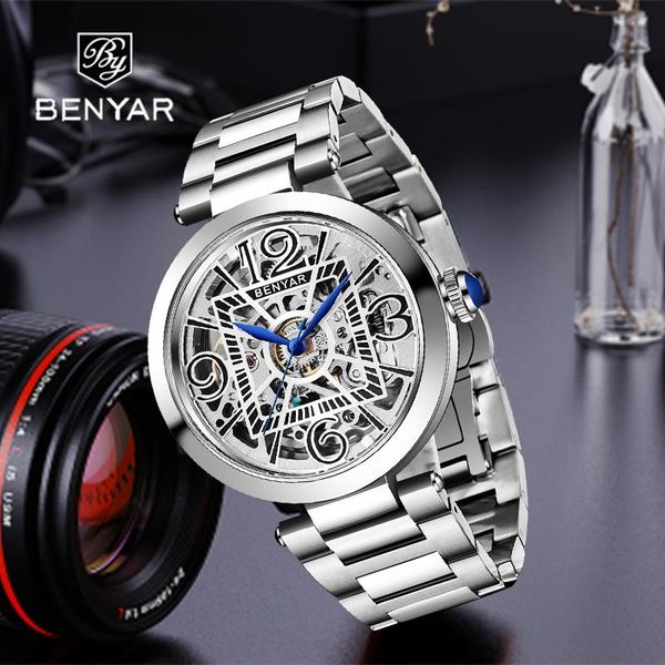 

wristwatches 2021 benyar luxury business brand watch mechanical automatic winding men's g3265z movement stainless steel waterproof, Slivery;brown