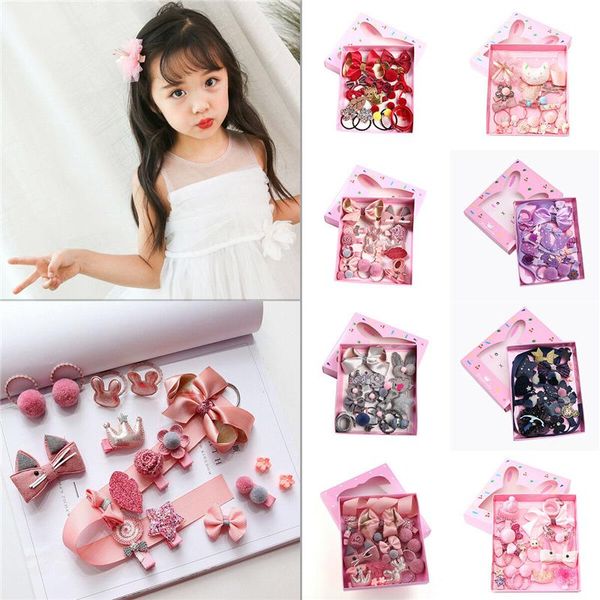 

hair accessories 18pcs head wear set kids elastic bow knot clips crown flower barrettes hairpins girls gift, Slivery;white