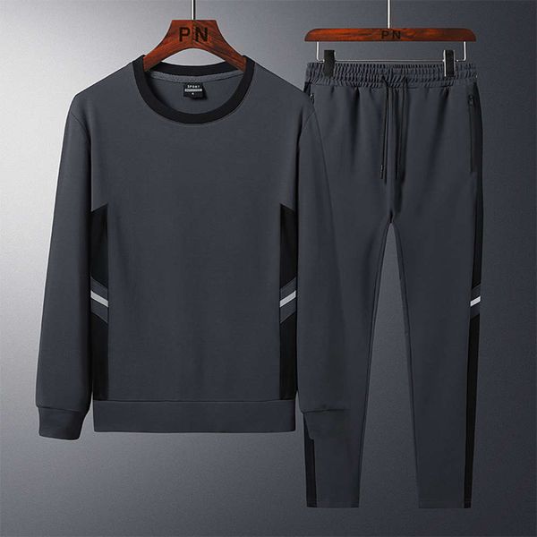 

2020 new round neck men's large size sportswear leisure brocade cotton roman fabric suit sweater fattening, Gray