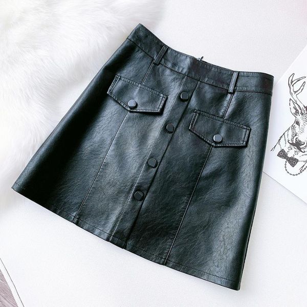 

skirts 2021 autumn and winter ladies black leather skirt high waist bag hip pocket elegant quality pu women's