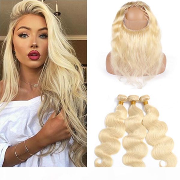 

blonde body wave human hair 360 lace frontal with bundles #613 russian blonde virgin hair weaves with 360 closure 22.5x4x2 pre plucked, Black;brown