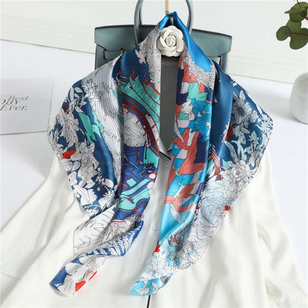 

new style printed temperament imitation silk 90cm large square scarves, thin sunscreen headscarves, women's scarves are, Blue;gray