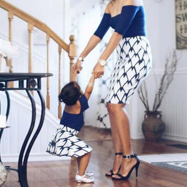 

2022 short sleeve summer family look matching outfits patchwork plaid mom and daughter dress clothes wedding party dresses set, Blue
