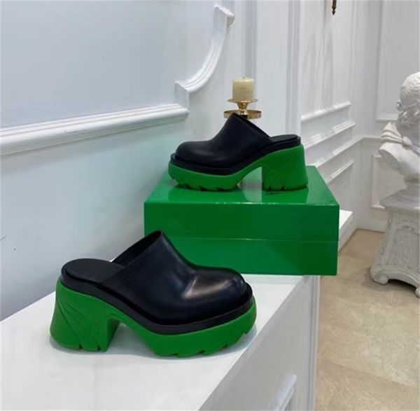

women's slippers fashion leisure beach thick soled shoes green platform sandals leather bag head with box size 35-41, Black