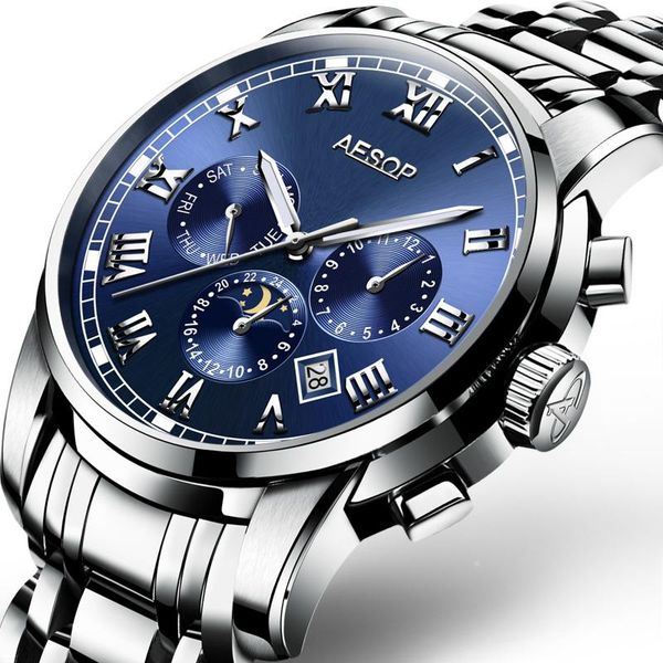 

wristwatches luxury luminous dual calendar men's watch atmospheric casual mechanical waterproof fashion steel band 20, Slivery;brown