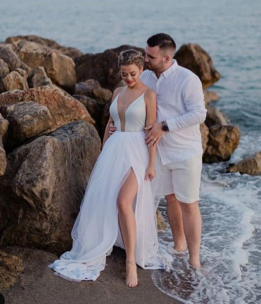

sheer plunging v neck beach wedding gowns 2022 side split long tulle bride formal occasion a line vestidos, White