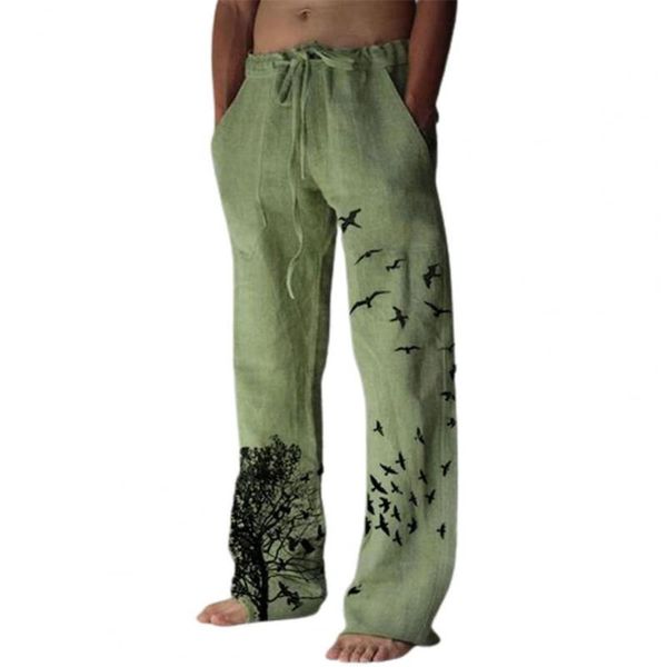 

men's pants vintage men casual flying bird print pockets 2021 autumn winter loose printed straight trousers fitness, Black