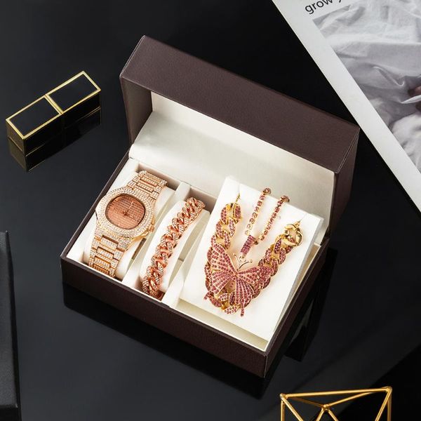 Armbanduhren Mode Frauen Uhr Set In Box Voller Diamant Armband Kette Schmetterling Halskette Bling Schmuck Sets Für Damen GeschenkArmbanduhren