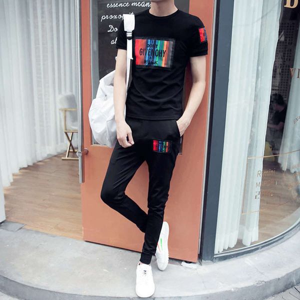 

casual korean spring and t-shirt men's short fashion slim half sleeve sports a suit of clothes trend in summer, Gray