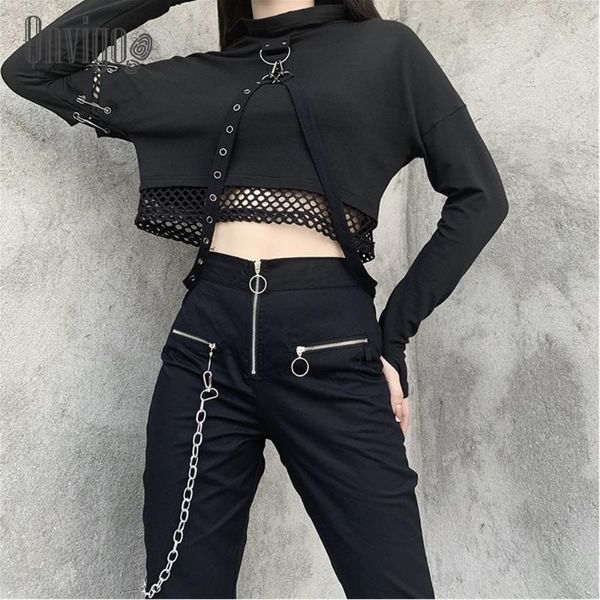 

women's hoodies & sweatshirts qnvigo dark hoodie punk stitching long-sleeved chain hole hiphop locomotive autumn 2021 strappy, Black